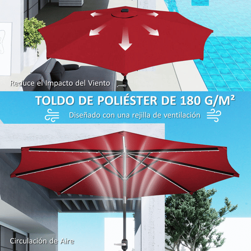 Outsunny Chapéu de Sol para Jardim Ø292x252 cm Chapéu de Sol de Exterior com Inclinação Ajustável até 45° Luzes LED Solares Impermeável e Manivela para Pátio Piscina sem Base Vinho
