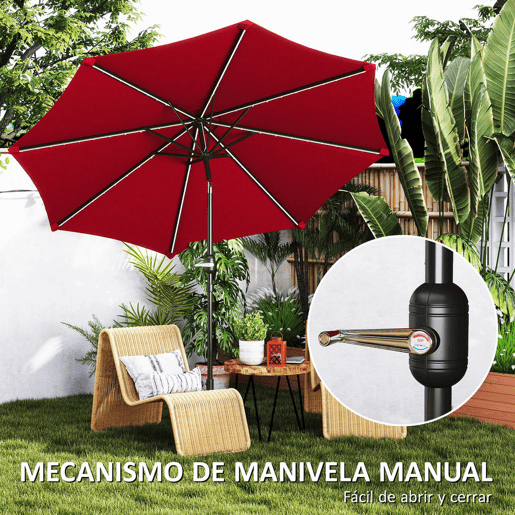 Outsunny Chapéu de Sol para Jardim Ø292x252 cm Chapéu de Sol de Exterior com Inclinação Ajustável até 45° Luzes LED Solares Impermeável e Manivela para Pátio Piscina sem Base Vinho