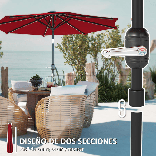 Outsunny Chapéu de Sol para Jardim Ø292x252 cm Chapéu de Sol de Exterior com Inclinação Ajustável até 45° Luzes LED Solares Impermeável e Manivela para Pátio Piscina sem Base Vinho