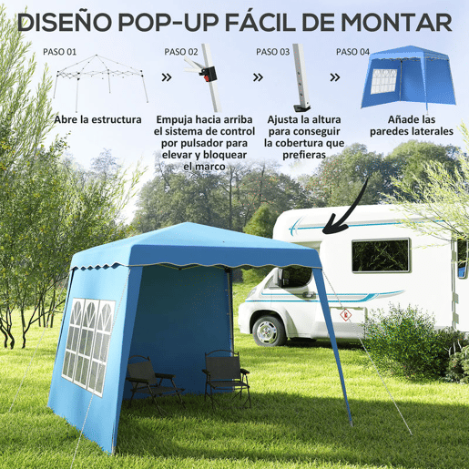Outsunny Tenda Dobrável com 2 Paredes Laterais 2,4x2,4 m Tenda de Jardim com Altura Ajustável Proteção UV50+ e Bolsa de Transporte para Exteriores Pátio Azul
