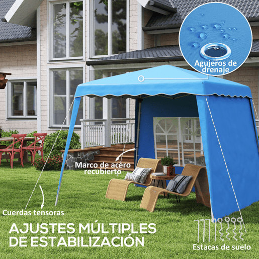 Outsunny Tenda Dobrável com 2 Paredes Laterais 2,4x2,4 m Tenda de Jardim com Altura Ajustável Proteção UV50+ e Bolsa de Transporte para Exteriores Pátio Azul