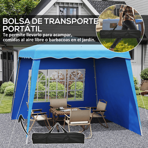Outsunny Tenda Dobrável com 2 Paredes Laterais 2,4x2,4 m Tenda de Jardim com Altura Ajustável Proteção UV50+ e Bolsa de Transporte para Exteriores Pátio Azul