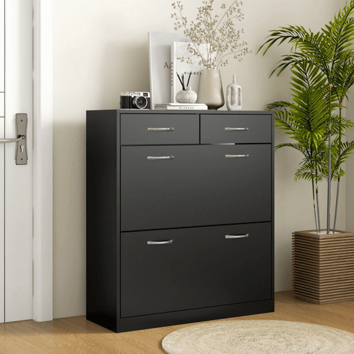 HOMCOM Sapateira Móvel para Sapatos Estreito com 2 Compartimentos e 2 Gavetas para 12 Pares de Sapatos para Sala de Estar Entrada Corredor 80x30x91,5 cm Preto