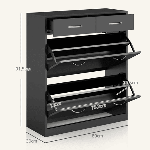 HOMCOM Sapateira Móvel para Sapatos Estreito com 2 Compartimentos e 2 Gavetas para 12 Pares de Sapatos para Sala de Estar Entrada Corredor 80x30x91,5 cm Preto