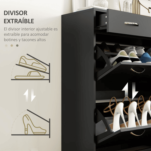 HOMCOM Sapateira Móvel para Sapatos Estreito com 2 Compartimentos e 2 Gavetas para 12 Pares de Sapatos para Sala de Estar Entrada Corredor 80x30x91,5 cm Preto