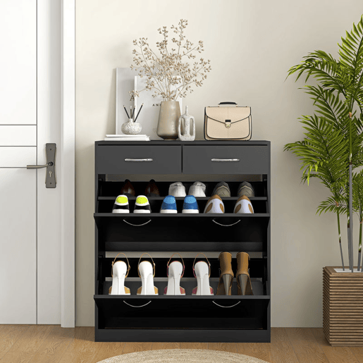 HOMCOM Sapateira Móvel para Sapatos Estreito com 2 Compartimentos e 2 Gavetas para 12 Pares de Sapatos para Sala de Estar Entrada Corredor 80x30x91,5 cm Preto