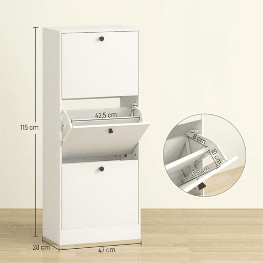 HOMCOM Sapateira Estreita com 3 Portas Abatíveis Sapateira para Entrada com Prateleiras Ajustáveis para 12 Pares de Sapatos para Corredor Espaços Reduzidos 47x28x115 cm Branco