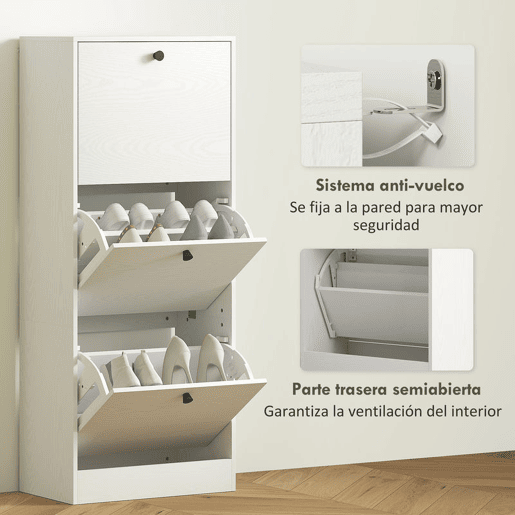 HOMCOM Sapateira Estreita com 3 Portas Abatíveis Sapateira para Entrada com Prateleiras Ajustáveis para 12 Pares de Sapatos para Corredor Espaços Reduzidos 47x28x115 cm Branco