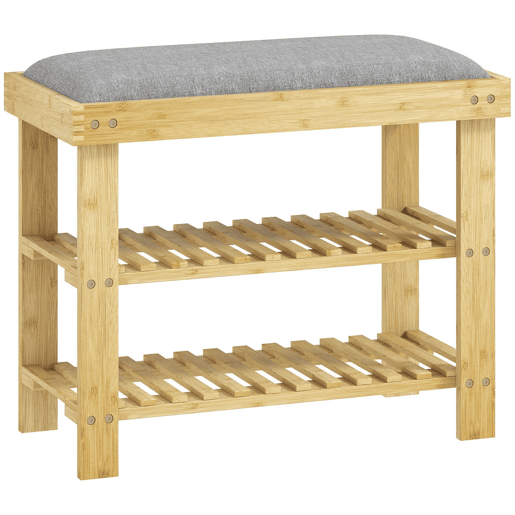 HOMCOM Banco Sapateira de Bambu Sapateira com Assento Almofadado 2 Prateleiras para 6 Pares de Sapatos para Entrada Dormitório 60x29x49 cm Madeira e Cinzento