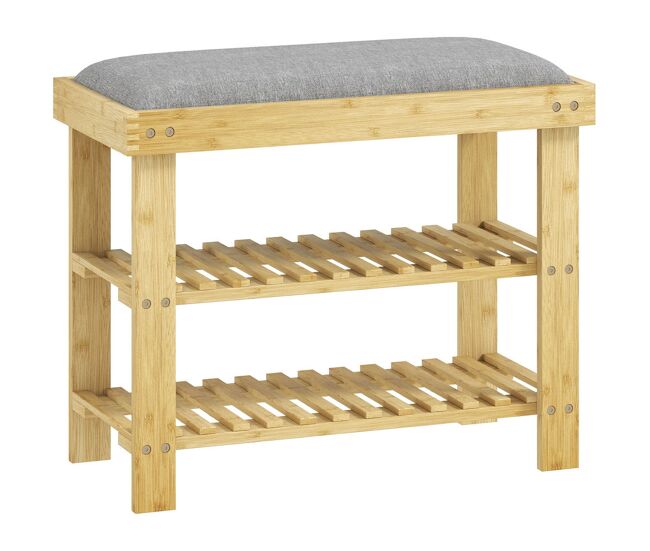 Homcom banco zapatero de bambú zapatero con asiento acolchado 2 estantes para 6 pares de zapatos para entrada dormitorio 60x29x49 cm natural y gris