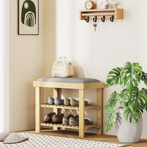 HOMCOM Banco Sapateira de Bambu Sapateira com Assento Almofadado 2 Prateleiras para 6 Pares de Sapatos para Entrada Dormitório 60x29x49 cm Madeira e Cinzento
