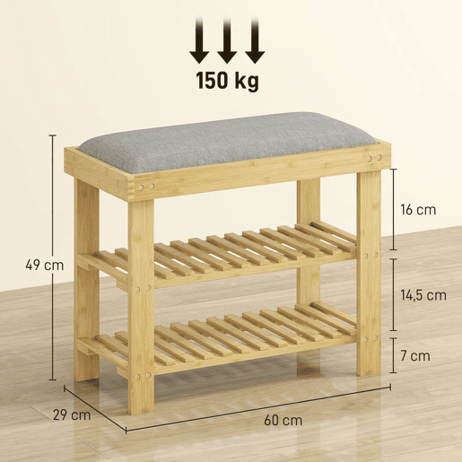 HOMCOM Banco Sapateira de Bambu Sapateira com Assento Almofadado 2 Prateleiras para 6 Pares de Sapatos para Entrada Dormitório 60x29x49 cm Madeira e Cinzento