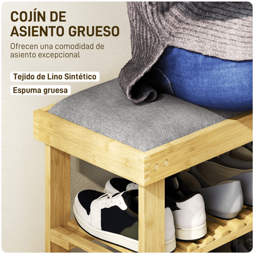 HOMCOM Banco Sapateira de Bambu Sapateira com Assento Almofadado 2 Prateleiras para 6 Pares de Sapatos para Entrada Dormitório 60x29x49 cm Madeira e Cinzento