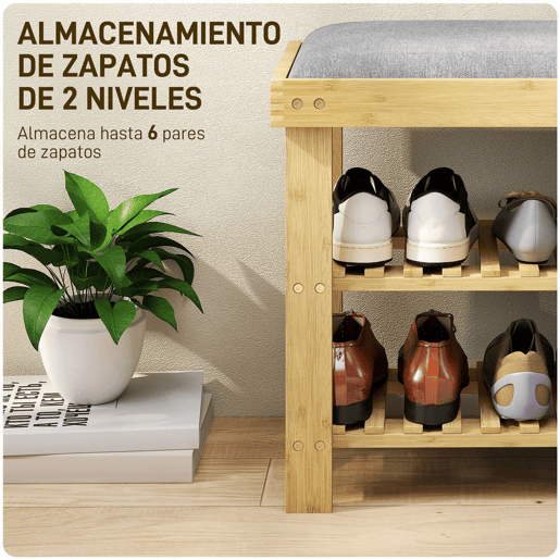 HOMCOM Banco Sapateira de Bambu Sapateira com Assento Almofadado 2 Prateleiras para 6 Pares de Sapatos para Entrada Dormitório 60x29x49 cm Madeira e Cinzento