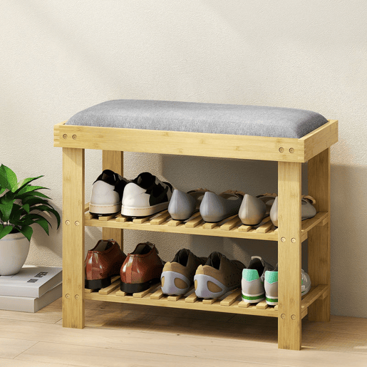 HOMCOM Banco Sapateira de Bambu Sapateira com Assento Almofadado 2 Prateleiras para 6 Pares de Sapatos para Entrada Dormitório 60x29x49 cm Madeira e Cinzento