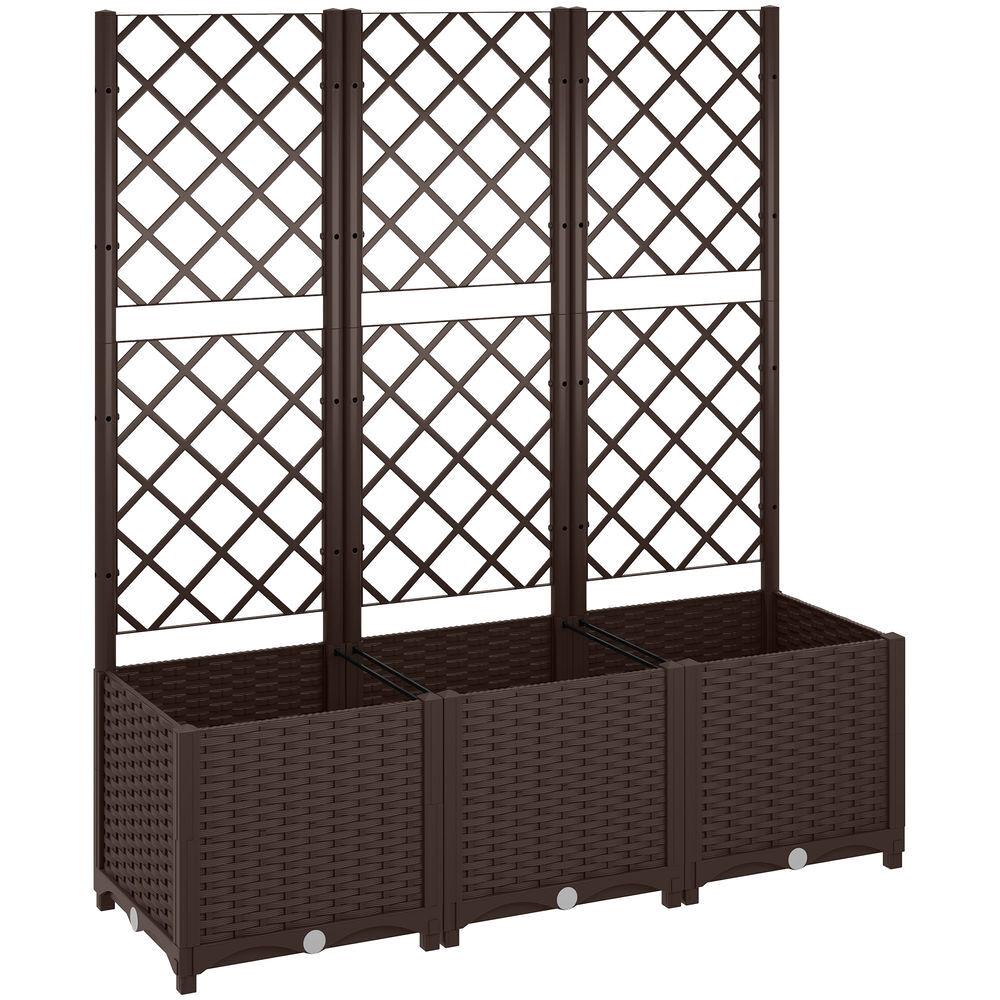 Outsunny jardinera con enrejado de pp jardinera exterior grande con ofricios de drenaje reservorios de agua para plantas trepadoras macetero con soporte para jardín patio terraza 120x40x135 cm marrón