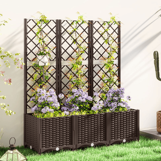 Outsunny Floreira com Treliça de PP Floreira Exterior Grande com Drenagem e Amplo Espaço para Plantas Trepadoras Vaso com Suporte para Jardim Pátio Terraço 120x40x135 cm Marrom