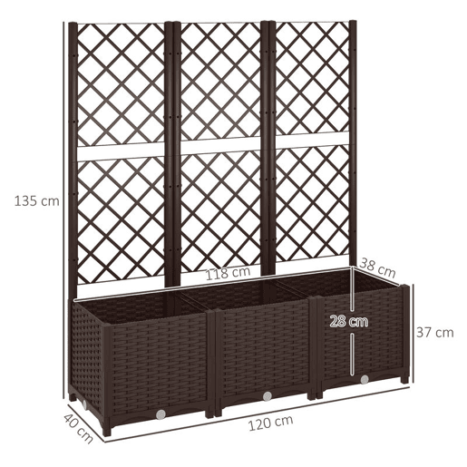 Outsunny Floreira com Treliça de PP Floreira Exterior Grande com Drenagem e Amplo Espaço para Plantas Trepadoras Vaso com Suporte para Jardim Pátio Terraço 120x40x135 cm Marrom