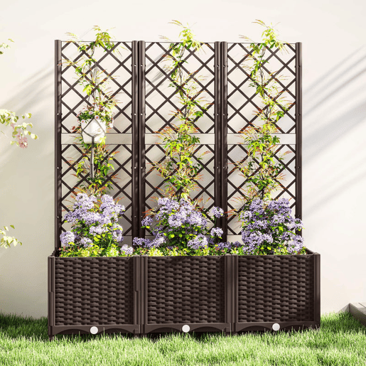 Outsunny Floreira com Treliça de PP Floreira Exterior Grande com Drenagem e Amplo Espaço para Plantas Trepadoras Vaso com Suporte para Jardim Pátio Terraço 120x40x135 cm Marrom