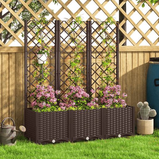 Outsunny Floreira com Treliça de PP Floreira Exterior Grande com Drenagem e Amplo Espaço para Plantas Trepadoras Vaso com Suporte para Jardim Pátio Terraço 120x40x135 cm Marrom
