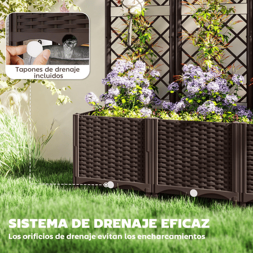 Outsunny Floreira com Treliça de PP Floreira Exterior Grande com Drenagem e Amplo Espaço para Plantas Trepadoras Vaso com Suporte para Jardim Pátio Terraço 120x40x135 cm Marrom
