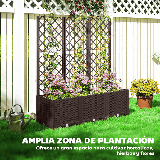 Outsunny Floreira com Treliça de PP Floreira Exterior Grande com Drenagem e Amplo Espaço para Plantas Trepadoras Vaso com Suporte para Jardim Pátio Terraço 120x40x135 cm Marrom