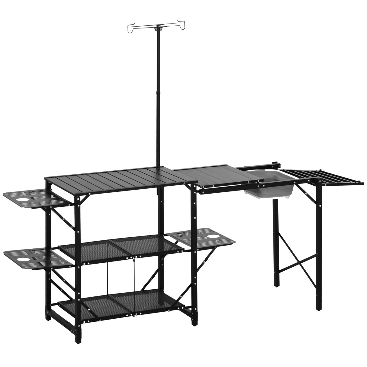 Outsunny mesa de cocina de camping de 3 niveles mesa de camping plegable portátil con estantes de almacenaje fregadero soporte para lámpara y bolsa de transporte para exterior 173x52x80-174 cm negro