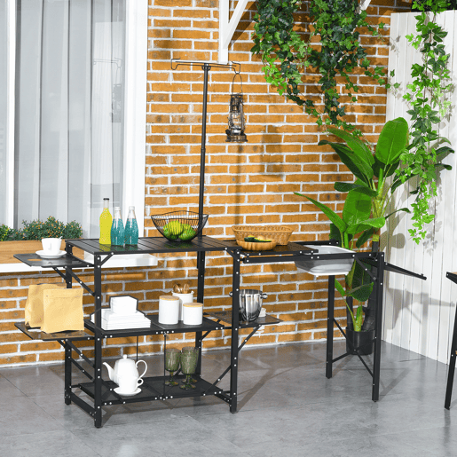 Outsunny Mesa de Campismo de 3 Níveis Mesa de Campismo Dobrável Portátil com Prateleiras de Armazenamento Lava-Louça Suporte para Candeeiro e Bolsa de Transporte para Exterior 173x52x80-174 cm Preto