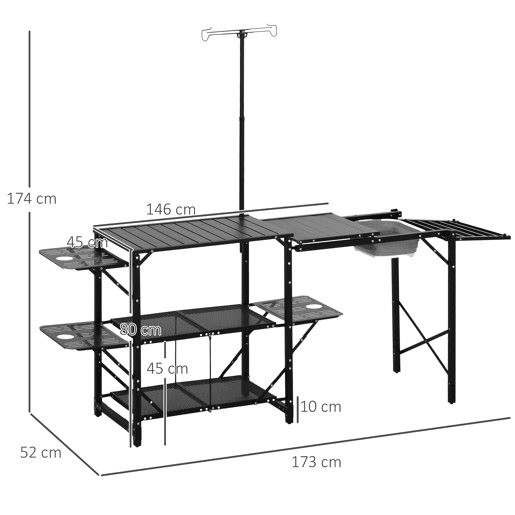 Outsunny Mesa de Campismo de 3 Níveis Mesa de Campismo Dobrável Portátil com Prateleiras de Armazenamento Lava-Louça Suporte para Candeeiro e Bolsa de Transporte para Exterior 173x52x80-174 cm Preto