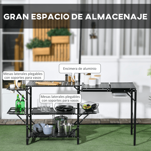 Outsunny Mesa de Campismo de 3 Níveis Mesa de Campismo Dobrável Portátil com Prateleiras de Armazenamento Lava-Louça Suporte para Candeeiro e Bolsa de Transporte para Exterior 173x52x80-174 cm Preto