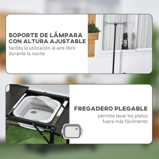 Outsunny Mesa de Campismo de 3 Níveis Mesa de Campismo Dobrável Portátil com Prateleiras de Armazenamento Lava-Louça Suporte para Candeeiro e Bolsa de Transporte para Exterior 173x52x80-174 cm Preto