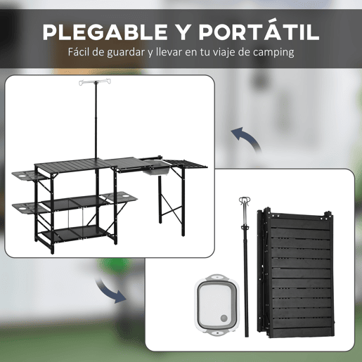 Outsunny Mesa de Campismo de 3 Níveis Mesa de Campismo Dobrável Portátil com Prateleiras de Armazenamento Lava-Louça Suporte para Candeeiro e Bolsa de Transporte para Exterior 173x52x80-174 cm Preto