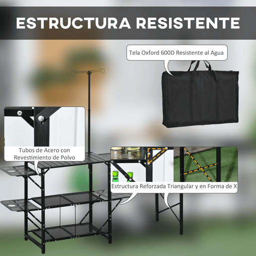 Outsunny Mesa de Campismo de 3 Níveis Mesa de Campismo Dobrável Portátil com Prateleiras de Armazenamento Lava-Louça Suporte para Candeeiro e Bolsa de Transporte para Exterior 173x52x80-174 cm Preto