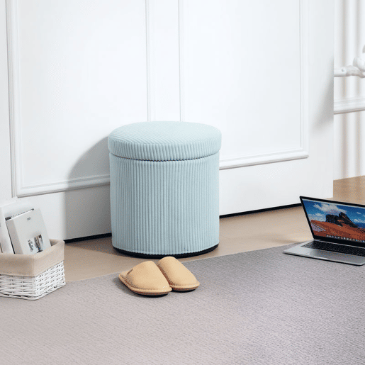 HOMCOM Puff de Arrumação Baú de Arrumação Redondo Estofado em Veludo Cotelê Assento Acolchoado Tampa Removível para Corredor Quarto Sala Ø40x41 cm Azul Claro