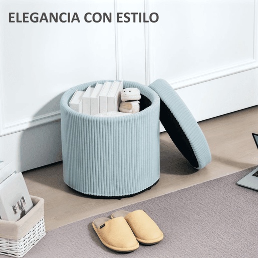 HOMCOM Puff de Arrumação Baú de Arrumação Redondo Estofado em Veludo Cotelê Assento Acolchoado Tampa Removível para Corredor Quarto Sala Ø40x41 cm Azul Claro