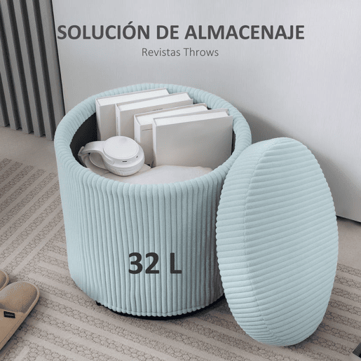 HOMCOM Puff de Arrumação Baú de Arrumação Redondo Estofado em Veludo Cotelê Assento Acolchoado Tampa Removível para Corredor Quarto Sala Ø40x41 cm Azul Claro