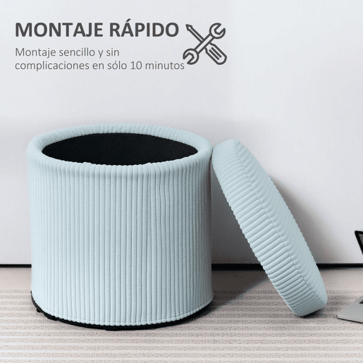 HOMCOM Puff de Arrumação Baú de Arrumação Redondo Estofado em Veludo Cotelê Assento Acolchoado Tampa Removível para Corredor Quarto Sala Ø40x41 cm Azul Claro