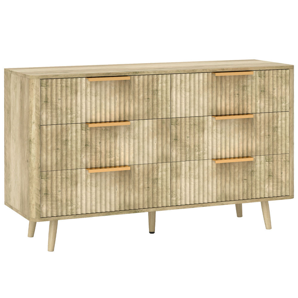 Homcom cómoda de 6 cajones cómoda para dormitorio con diseño estriado y patas de madera cajonera aparador para salón pasillo 62x35x105 cm roble