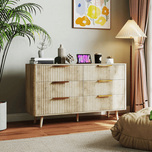 HOMCOM Cómoda com 6 Gavetas para Dormitório Cómoda com Frentes das Gavetas Estriadas e Pés de Madeira Cómoda para Sala ou Corredor 120x40x76 cm Madeira