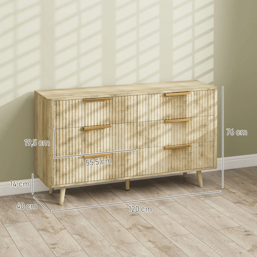 HOMCOM Cómoda com 6 Gavetas para Dormitório Cómoda com Frentes das Gavetas Estriadas e Pés de Madeira Cómoda para Sala ou Corredor 120x40x76 cm Madeira