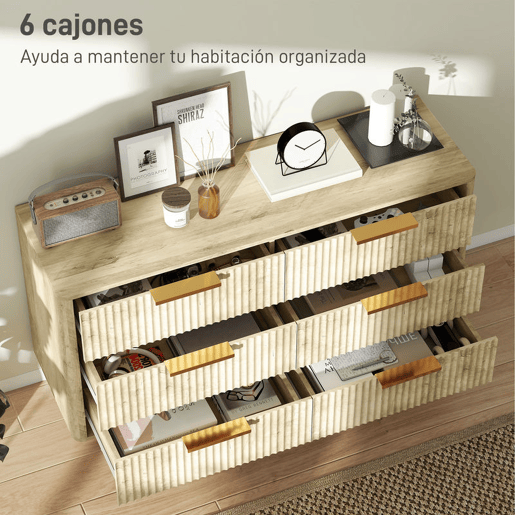 HOMCOM Cómoda com 6 Gavetas para Dormitório Cómoda com Frentes das Gavetas Estriadas e Pés de Madeira Cómoda para Sala ou Corredor 120x40x76 cm Madeira