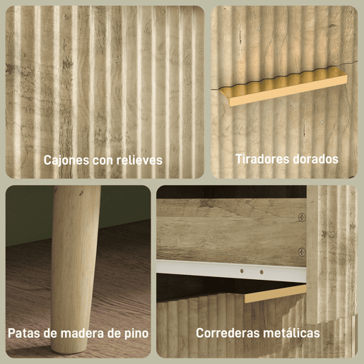 HOMCOM Cómoda com 6 Gavetas para Dormitório Cómoda com Frentes das Gavetas Estriadas e Pés de Madeira Cómoda para Sala ou Corredor 120x40x76 cm Madeira