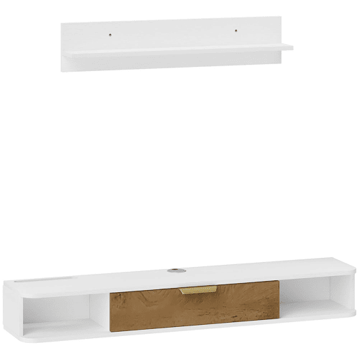 HOMCOM Conjunto de Móveis de Sala, Móvel de TV com Prateleira de Parede, Porta, Prateleiras Abertas, Orifícios para Cabos, para Televisão de Parede, 120x24x16 cm, Branco