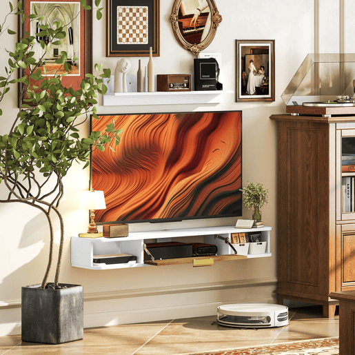 HOMCOM Conjunto de Móveis de Sala, Móvel de TV com Prateleira de Parede, Porta, Prateleiras Abertas, Orifícios para Cabos, para Televisão de Parede, 120x24x16 cm, Branco