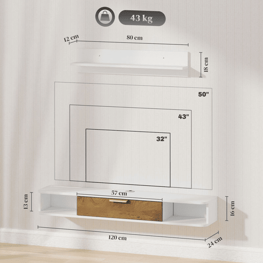 HOMCOM Conjunto de Móveis de Sala, Móvel de TV com Prateleira de Parede, Porta, Prateleiras Abertas, Orifícios para Cabos, para Televisão de Parede, 120x24x16 cm, Branco
