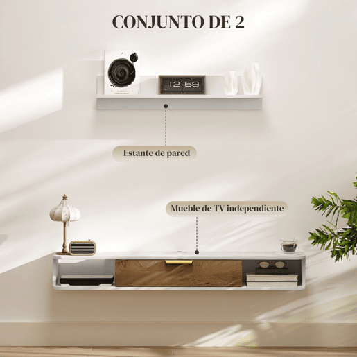 HOMCOM Conjunto de Móveis de Sala, Móvel de TV com Prateleira de Parede, Porta, Prateleiras Abertas, Orifícios para Cabos, para Televisão de Parede, 120x24x16 cm, Branco
