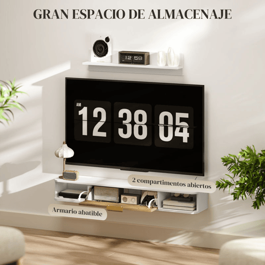 HOMCOM Conjunto de Móveis de Sala, Móvel de TV com Prateleira de Parede, Porta, Prateleiras Abertas, Orifícios para Cabos, para Televisão de Parede, 120x24x16 cm, Branco