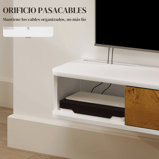 HOMCOM Conjunto de Móveis de Sala, Móvel de TV com Prateleira de Parede, Porta, Prateleiras Abertas, Orifícios para Cabos, para Televisão de Parede, 120x24x16 cm, Branco