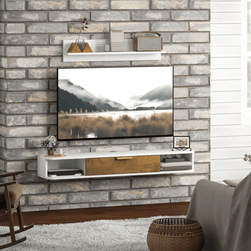 HOMCOM Conjunto de Móveis de Sala, Móvel de TV com Prateleira de Parede, Porta, Prateleiras Abertas, Orifícios para Cabos, para Televisão de Parede, 120x24x16 cm, Branco