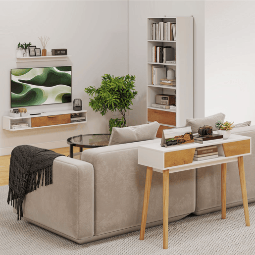 HOMCOM Conjunto de Móveis de Sala, Móvel de TV com Prateleira de Parede, Porta, Prateleiras Abertas, Orifícios para Cabos, para Televisão de Parede, 120x24x16 cm, Branco
